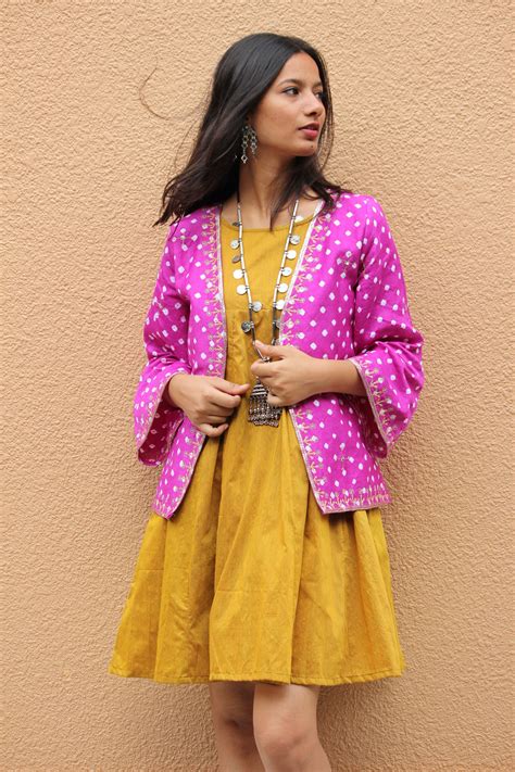 Magenta Bandhani Embroidered Kimono Jacket - Mogra Designs