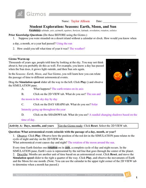GIZMOs -Student Exploration: Seasons: Earth, Moon, and Sun; Answer key ...