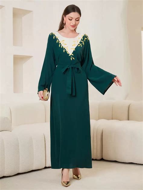 Al Najma Botanical Embroidered Bell Sleeve Belt Dress | SHEIN USA