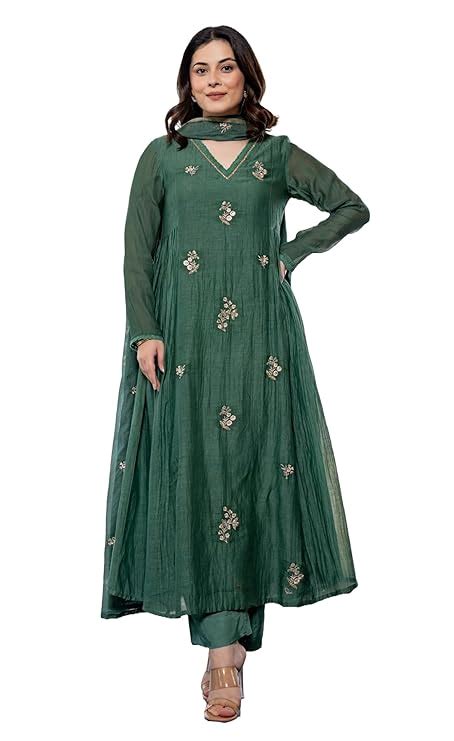 Buy KLOSIA Women Embroidery Solid Anarkali Kurta and Pant Set with ...