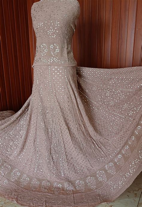 Taupe Pink Brown Chikankari and Gota Patti Georgette Lehenga Set