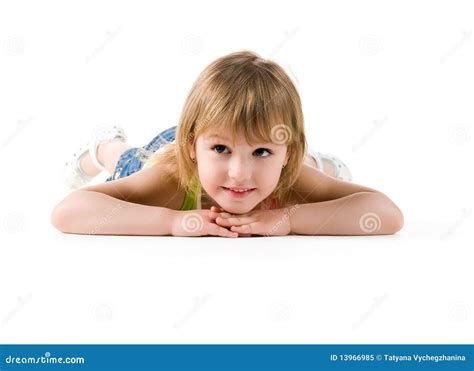 Cute Little Girl Lie on the Floor Stock Image - Image of background ...