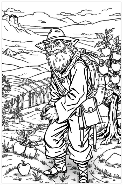 Johnny Appleseed Planting Apple Seeds Coloring Page (Free PDF&PNG ...