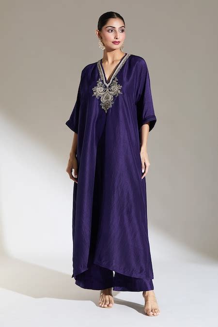 Buy Purple Embroidered Zardozi V Neck Yoke Kaftan For Women by JAYANTI ...