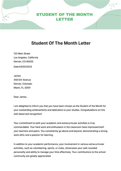 Free Student Of the Month Letter Template to Edit Online