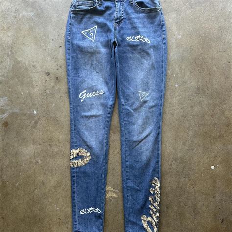 Guess blue jeans with white and silver accents #y2k... | Depop