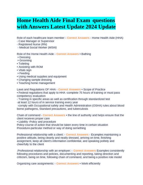 Home Health Aide Final Exam questions with Answers Latest Update 2024 ...