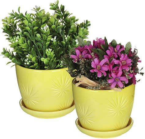MyGift Set of 2 Yellow Sunburst Design Ceramic Planters with Saucers ...