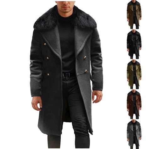 Mens Long Trench Coat Slim Fit Notched Collar Fall Winter Single ...