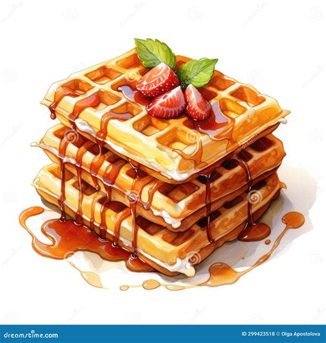 Waffles with Strawberries and Syrup on a White Background. Watercolor ...