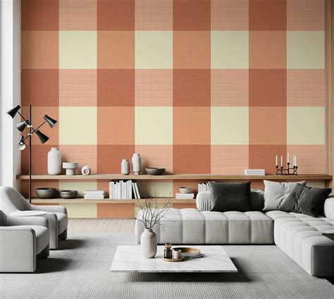 Gingham Peach Linen Texture Country Wallpaper for Warm Homes