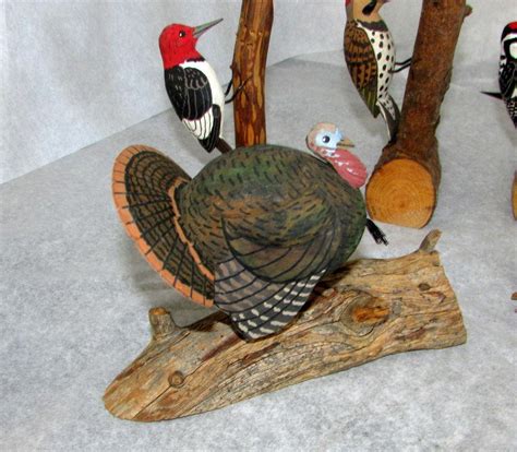 4 VINTAGE HAND CARVED WOOD BIRDS RON HOLMES SALTVILLE VA TURKEY CROW ...