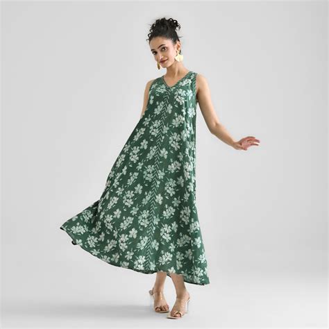 Buy Moss Green Dabu Inspired Floral Sleeveless Dress with Neckline ...