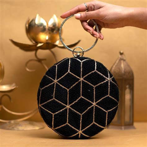 Black And Golden Sequin Embroidery Round Clutch - Artklim
