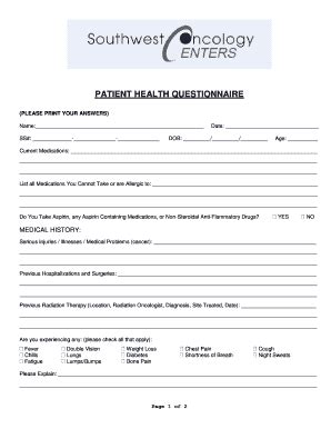 Fillable Online PATIENT HEALTH QUESTIONNAIRE - Southwest Fax Email ...