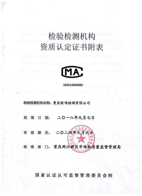 CMA资质证书_重庆欧鸣检测有限公司