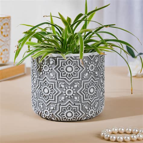 Grey Floral Geometric Pot Online - Premium Planter | Nestasia