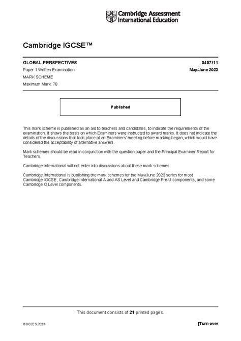 Cambridge IGCSE GLOBAL PERSPECTIVES Paper 1 Mark Scheme 2023 - Studocu