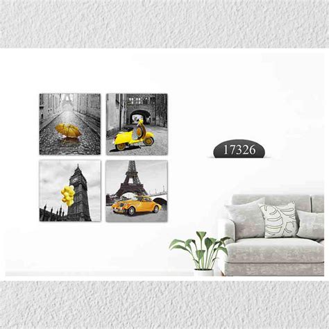 Yellow Car Scooter Art, Set Of 4 – Myindianthings
