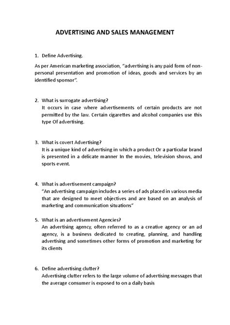 Advertising and Sales Management 1: Key Concepts and Definitions - Studocu