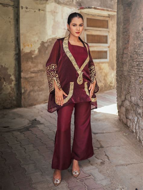 Ghazal Maroon Jacket Style Co-ord Set – Wazir C