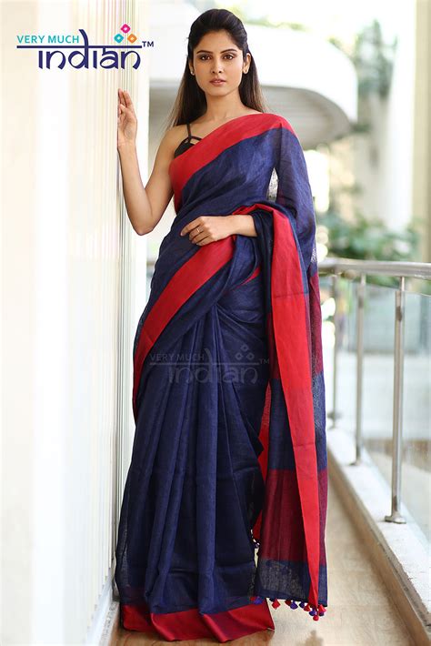 Buy Pure Organic Linen Saree – Navy Blue And Red Bordered - Very Much ...
