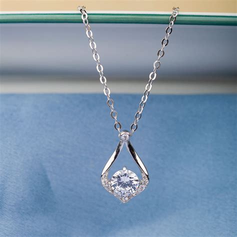 Water Drop with Round Solitaire Sterling Silver Pendant Chain – ForHER