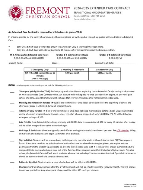 Fillable Online Extended Care Contract for Students Fax Email Print ...