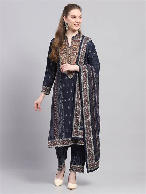 Buy Women Navy Blue Printed Round Neck Full Sleeve Kurti Set with Stole ...