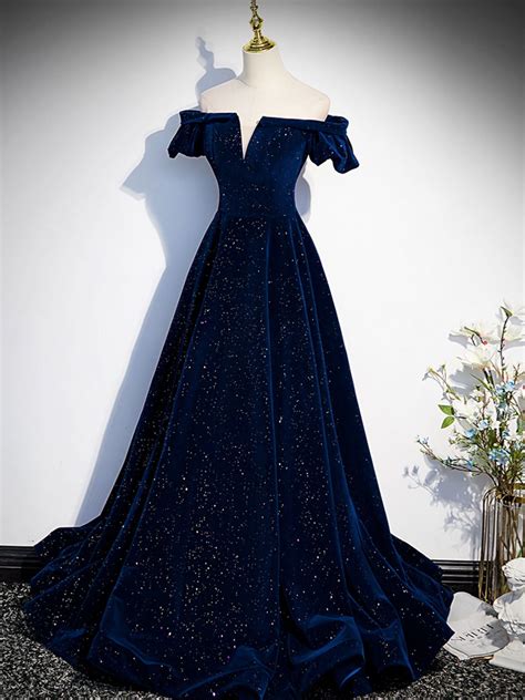 A-Line Off Shoulder Velvet Dark Blue Long Prom Dress, Dark Blue Long F ...