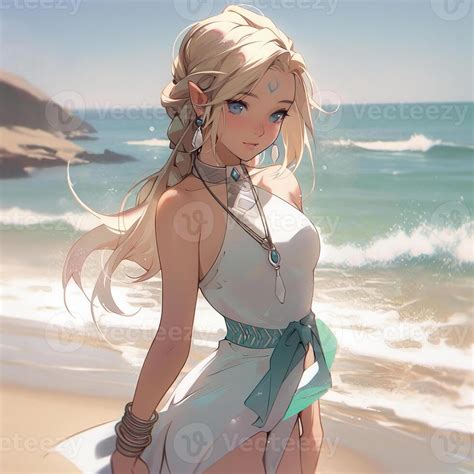 beautiful blonde anime girl on the beach in green dress 22929863 Stock ...