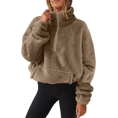 BRDFRL Pullover Womens Quarter Zip High Neck Fluffy Fleece Sherpa ...