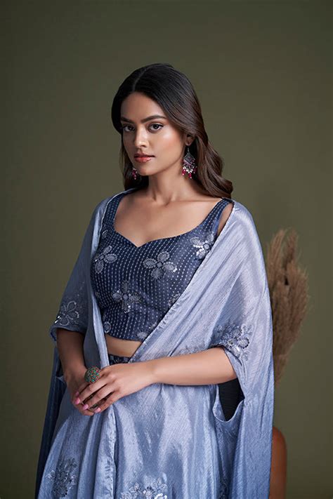 Ready to Wear Navy Chinon Embroidered Koti Style Palazzo Col