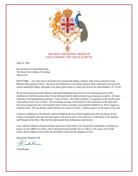 Letter of Condolence Pope Francis I - Order of Saint George