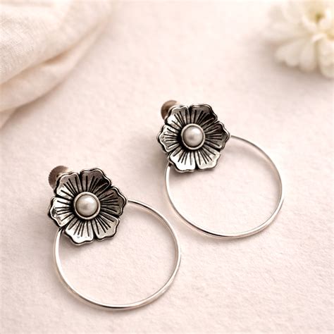 Floral Nimbus: Pearl Bead Silver Toned Stud Earring – AashirsLifestyle