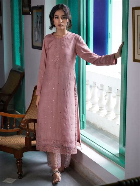 Buy Maroon Mukaish Work Cotton Silk Kurta with Palazzo- Set of 2 ...