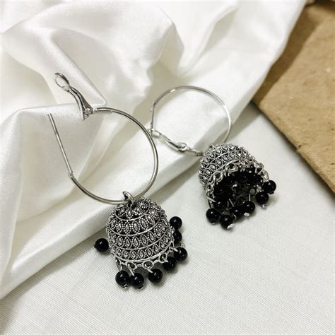 Premium Jaipuri Oxidized Set Of 12 Jhumkas Combo With 3 Rings Set ...