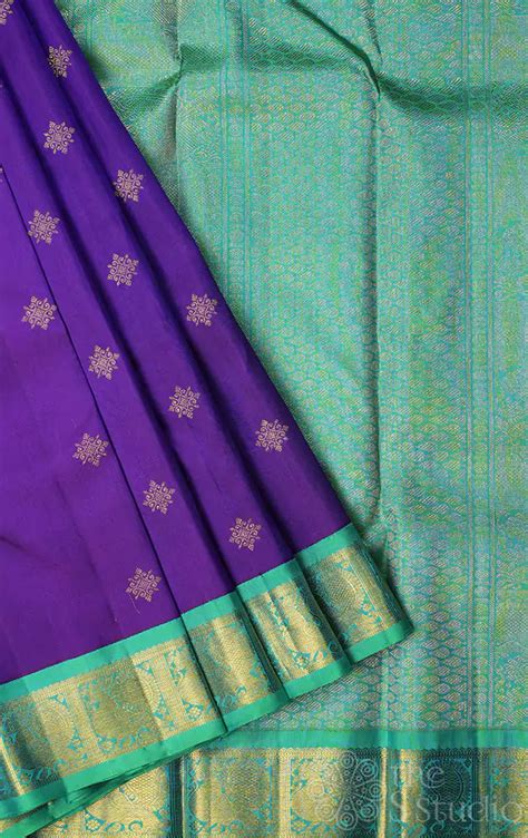 Shop Violet Kanchipuram silk saree with sea green korvai border Online