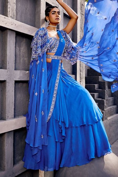 Buy Blue Georgette Embroidered Floral Cape And Pre-draped Lehenga Saree ...