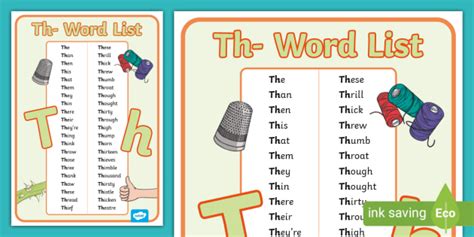 English - Letter Pairs Word Lists Beginning with Th - Twinkl