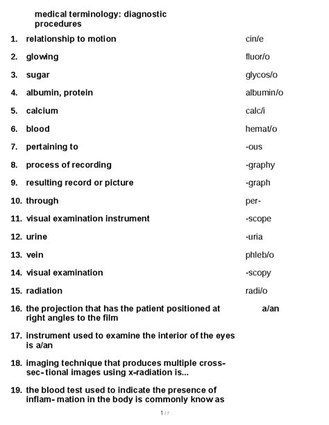 Medical terminology-diagnostic procedures - 1 / 7 medical terminology ...