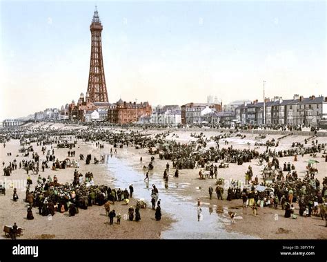 Blackpool beach and pier 19th century 1800s colourised photograph Stock Photo - Alamy