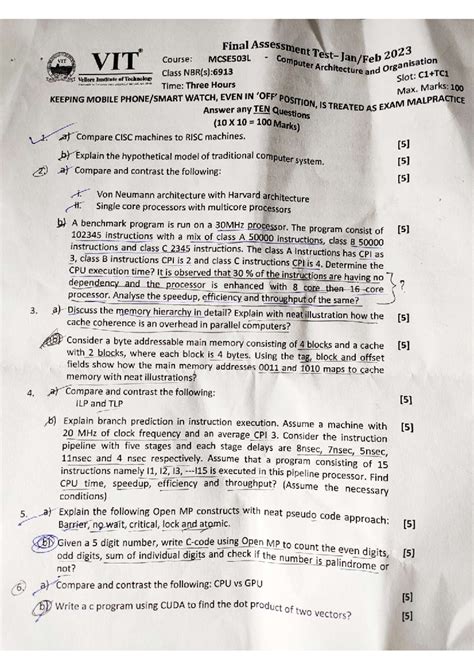COA FAT PART-1 - FAT question paper - Computer Architecture and ...