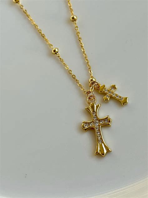 Gold Cross Necklace, Double Cross Necklace, Chrome Hearts Inspired ...