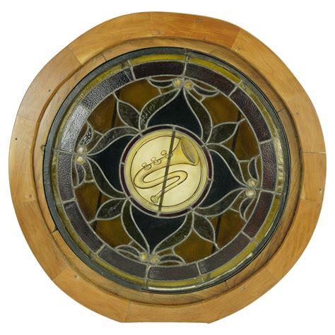 Antique Circular Leaded Stained-Glass Window w Horn For Sale at 1stDibs