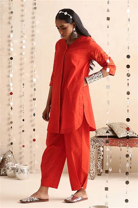 Okhai "Mirror Song" Hand-Embroidered Orange Pure Cotton Kurta Pant Set ...
