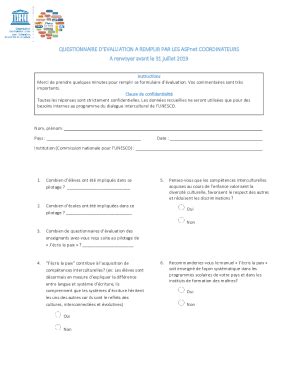 Fillable Online QUESTIONNAIRE D'EVALUATION A REMPLIR PAR LES ... Fax ...