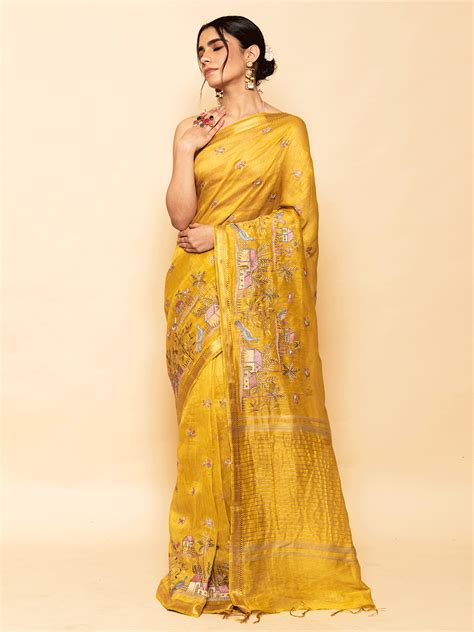 Navya Yellow Linen Saree – SHARANYA KOLKATA