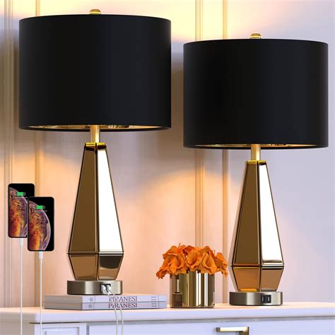 Hamucd Set of 2 Mirrored Glass Bedside Table Lamps with 2 USB Ports for ...