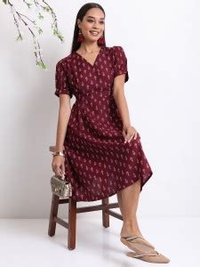 KETCH Women Blouson Maroon, White Midi/Calf Length Dress - Buy KETCH ...